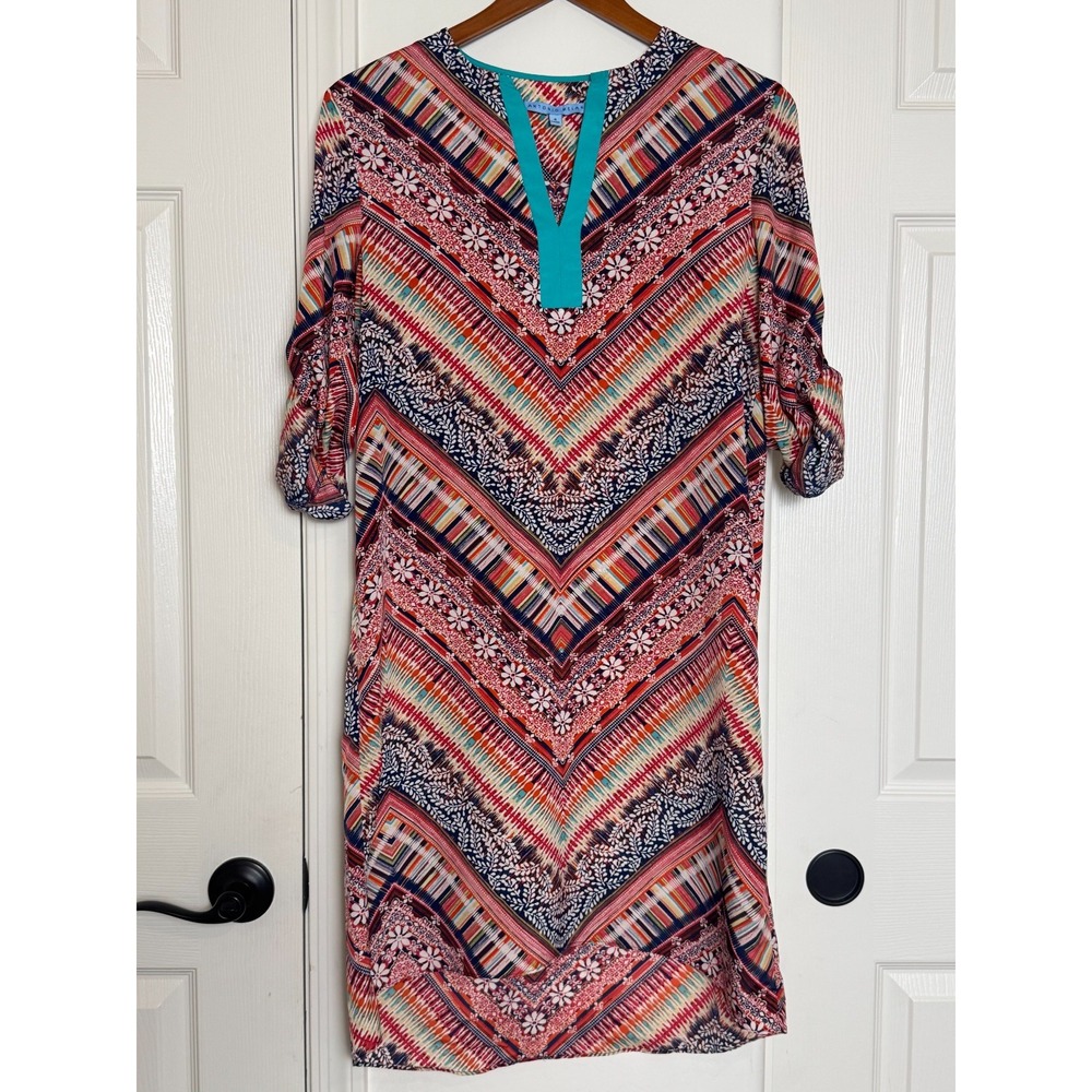 Antonio Melani Shift Shirt Dress Womens 4 Geometric Boho 3/4 Sleeve No Belt